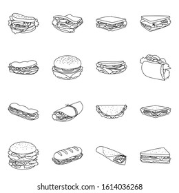 Burger and sandwich vector line icon set.Vector isolated illustration fastfood.Icon set of burger and ingedient.