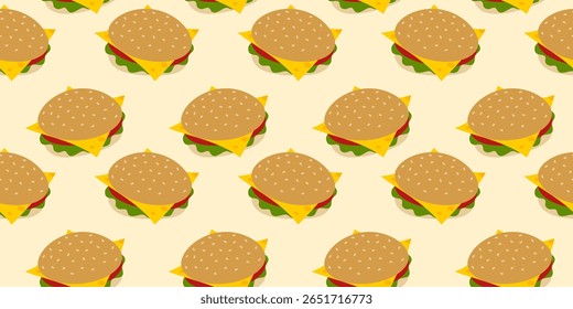 Sanduíche de hambúrguer com legumes e fatias de queijo Padrão sem costura Fast Food Banner Ideia de fundo
