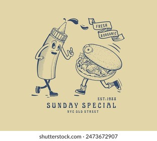 burger and sauce bottle cartoon vector art, vintage fast food vector comic art, ketchup and burger funny artwork for t shirt, sticker, poster, graphic print