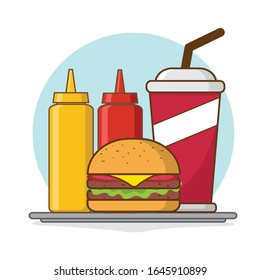 Burger mit Saucenflasche und Cola-Flachgrafik