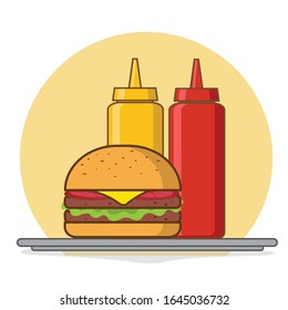 hamburguesa con botella de salsa ilustración plana