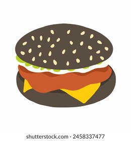 Burger with sauce and fresh sliced lettuce leaf icon in cartoon flat style. Black bun, one cutlet. Vector illustration isolated on white background. For menu, poster, infographic, restaurant.