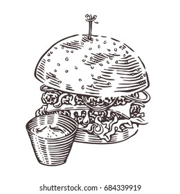 Burger with sauce. Hand drawn fast food illustration in engraving style. Vector black woodcut elements isolated on white background.