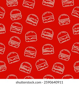 Burger seamless background. Doodle sketch hamburger pattern. Fast food wallpaper, packaging, wrapper