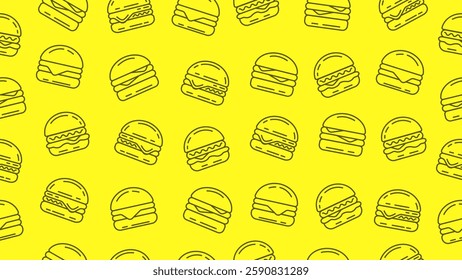 Burger seamless background. Hamburger doodle sketch pattern on yellow background