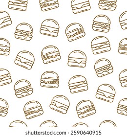 Burger seamless pattern background. Cheeseburger doodle sketch motif. Hamburger wallpaper, packaging, food wrapper