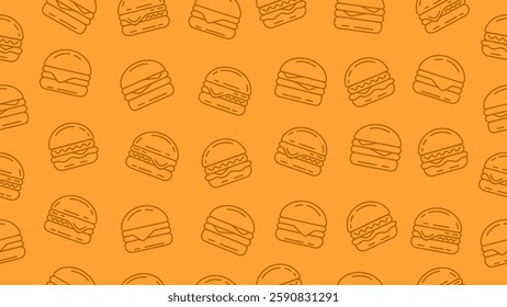 Burger seamless pattern background. Cheeseburger doodle sketch motif. Hamburger wallpaper, packaging, food wrapper