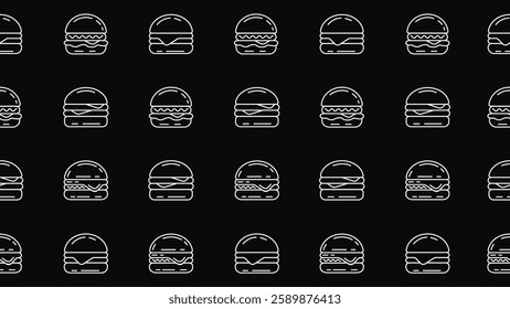 Burger seamless pattern background. Doodle line art hamburger motif on black board. Cheeseburger sketch wallpaper