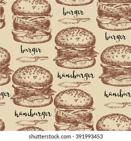 Burger seamless pattern background. Food design icons hand-drawing elements. Graphic texture for restaurant template menu.