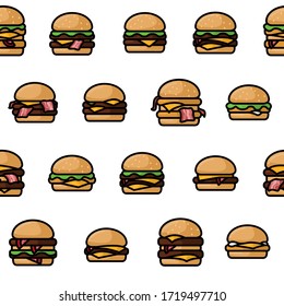 Burger seamless pattern. Bright texture with cartoon burgers. Vector.