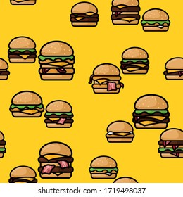Burger seamless pattern. Bright texture with cartoon burgers. Vector.