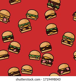 Burger seamless pattern. Bright texture with cartoon burgers. Vector.