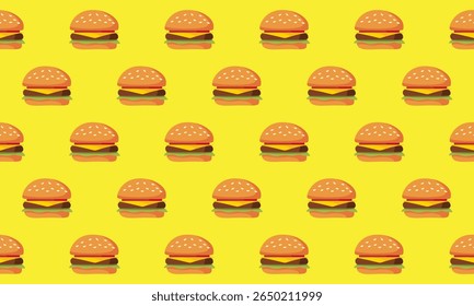 Burger seamless pattern. Cartoon cheeseburger.  Ideal for restaurant decor,  menus, digital design, food packaging, textile 