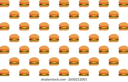 Hamburguesa sin patrón. Hamburguesa con queso de dibujos animados.  Ideal para la decoración del restaurante, menús, diseño digital, embalaje de alimentos, textil 