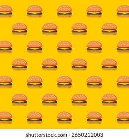 Burger seamless pattern. Cartoon cheeseburger.  Ideal for restaurant decor,  menus, digital design, food packaging, textile 
