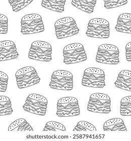 Burger seamless pattern. Cheeseburger doodle line art motif for packaging, menu, fast food fabric