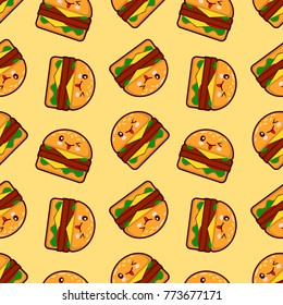 Burger, seamless pattern with cute fast food characters on yellow background. Flat design Vector Illustration hamburger kawaii