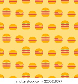 Burger Seamless Pattern. Burger Of Different Types In Retro Color Palette. Food Concept In Flat Design. Retro Design For Print On Wrapping Paper, Wallpaper, Fabric, Packing. Vector Illustration