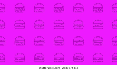 Burger seamless pattern. Doodle line art hamburger motif on purple background. Cheeseburger sketch wallpaper