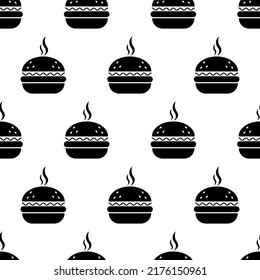 Burger seamless pattern. Fast food background with burger. Icon street food on white background. Burger silhouette. Design for print on fabric, wrapping paper, packing, wallpaper. Vector illustration