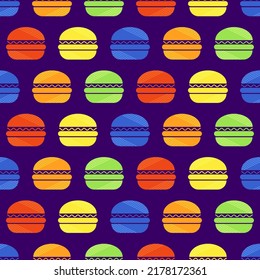 Burger seamless pattern. Fast food icon in pop art color. Colorful icon burger on purple background. Design for print on fabric, wrapping paper, packaging, wallpaper. Vector illustration