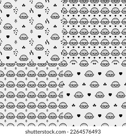 Burger seamless pattern. Hamburger motif. Fast food line emblem ornament. Identity background for menu design restaurant or cafe. Packaging, interior wallpaper. Vector illustration.