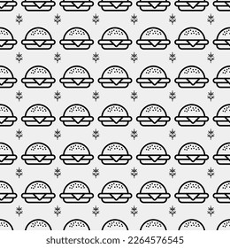 Burger seamless pattern. Hamburger motif. Fast food line emblem ornament. Identity background for menu design restaurant or cafe. Packaging, interior wallpaper. Vector illustration.