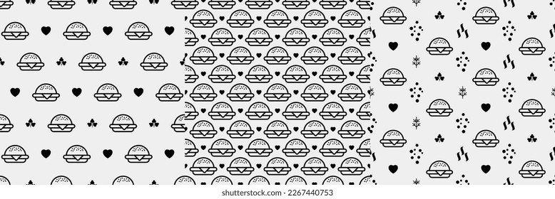 Burger seamless pattern. Hamburger motif. Fast food line emblem ornament. Identity background for menu design restaurant or cafe. Packaging, interior wallpaper. Vector illustration.