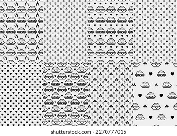 Nahtloses Burger-Muster. Hamburger Motiv. Schnelle Verzierung der Nahrungslinie. Identitätshintergrund für Menüdesign Restaurant oder Café. Verpackung, Innenhintergrund. Vektorgrafik.