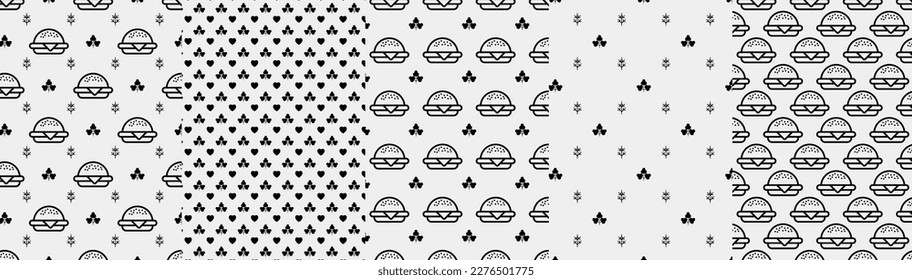 Burger seamless pattern. Hamburger motif. Fast food line emblem ornament. Identity background for menu design restaurant or cafe. Packaging, interior wallpaper. Vector illustration.