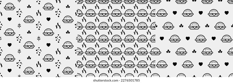 Patrón sin fisuras de la hamburguesa. Motif de Hamburger. Símbolo de la línea de comida rápida. Antecedentes de identidad para el restaurante de diseño de menú o cafetería. Embalaje, papel pintado en el interior. Ilustración vectorial.
