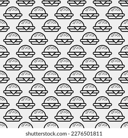Burger seamless pattern. Hamburger motif. Fast food line emblem ornament. Identity background for menu design restaurant or cafe. Packaging, interior wallpaper. Vector illustration.