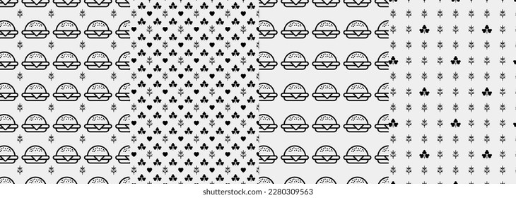 Burger seamless pattern. Hamburger motif. Fast food line emblem ornament. Identity background for menu design restaurant or cafe. Packaging, interior wallpaper. Vector illustration.