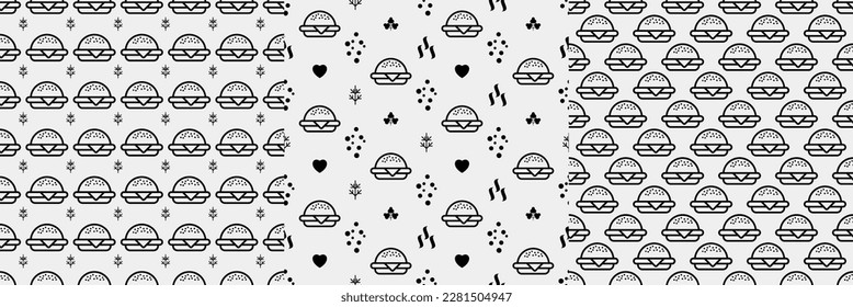 Burger seamless pattern. Hamburger motif. Fast food line emblem ornament. Identity background for menu design restaurant or cafe. Packaging, interior wallpaper. Vector illustration.