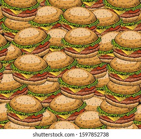Burger seamless pattern. Hand drawn sketch of Fast food. Bunch of Burgers.
Vector illustration.