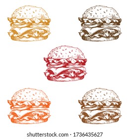 Burger seamless pattern, hand drawn meal, fast food, vector