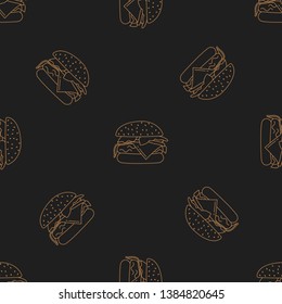 Burger seamless pattern with icons. Style Outline. illustration on the theme of bakery products and bread baking. Vector background.