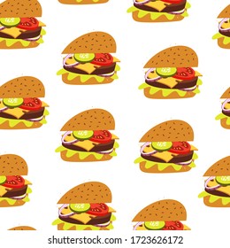 Burger Seamless Pattern isolated on white background. Vector illustration.
