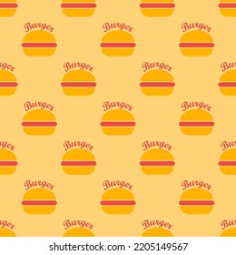 Burger Seamless Pattern. Burger With Lettering In Retro Color Palette. Fast Food Concept In Flat Design. Retro Design For Print On Wrapping Paper, Wallpaper, Fabric, Packing. Vector Illustration