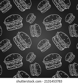 Burger seamless pattern on blackboard. Repeatable print. Endless vector illustration.