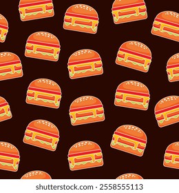 Burger seamless pattern on dark background. Fast food burger with melted cheese. Vector illustration