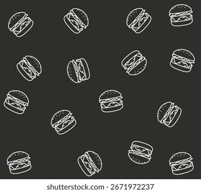 Burger seamless pattern on dark grey background 