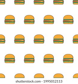 Burger Seamless Pattern On A White Background. Delicious Burger Theme Vector Illustration