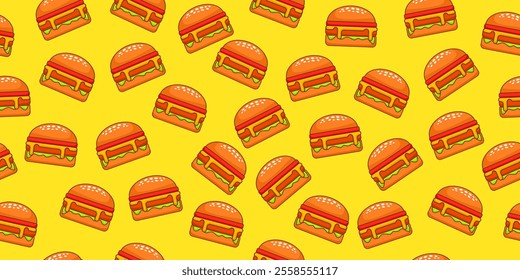 Burger seamless pattern on yellow background. Fast food burger with melted cheese vector illustration