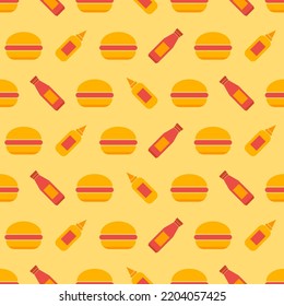 Burger Seamless Pattern. Burger With Sauces In Retro Color Palette. Fast Food Concept In Flat Design. Retro Design For Print On Wrapping Paper, Wallpaper, Fabric, Packing. Vector Illustration