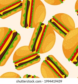 Nahtloses Burger-Muster. Sommerbanner mit Fast Food Ikone. Flache Vektorgrafik für Poster, Menüs, Broschüren und Webseiten.