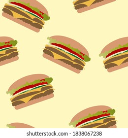 Burger seamless pattern. Vector illustration isolated on a yellow background. Pattern for fabric, textile, menu, packaging, website.
