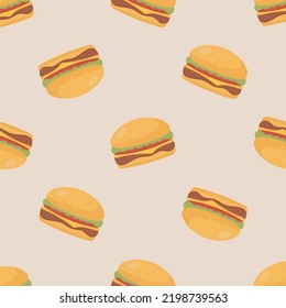 Burger seamless pattern. Vector illustration. For menu, posters, banners, printing on the pack, printing on clothes, fabric, wallpaper.