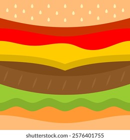 Burger seamless pattern. Vector illustration of fast food hamburger. Cheeseburger layers composition. Simple shapes colorful style.