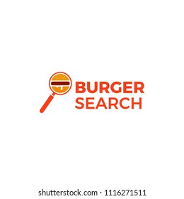 Burger Search delivery service logo. Magnifying glass with a hamburger icon. Vector illustration